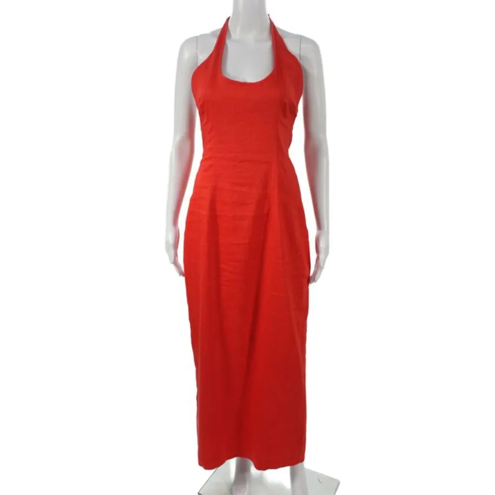 Sir Womens Maxi Halter Dress Red Linen Sleeveless Zip Minimalist Size 1